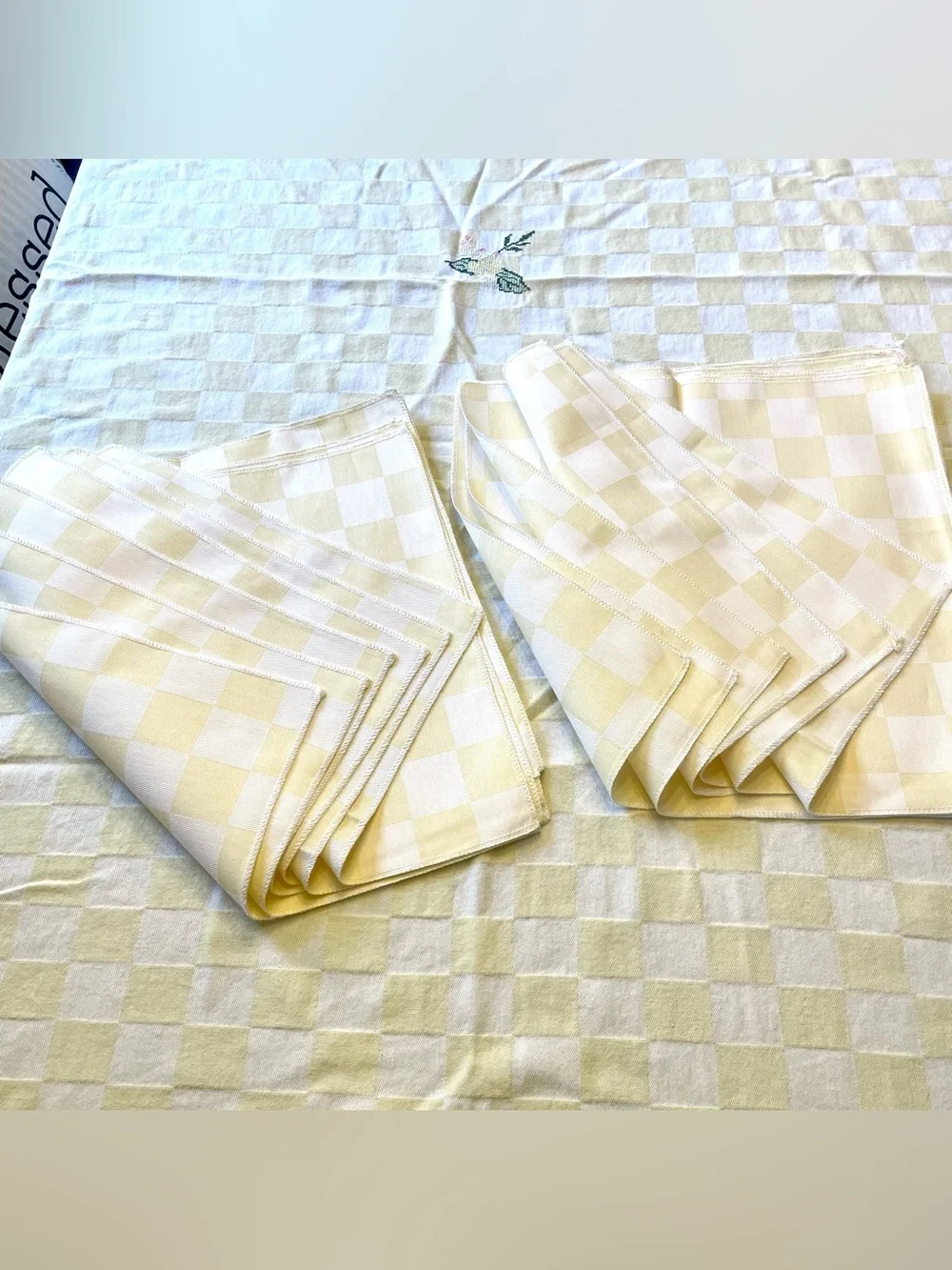Vtg Yellow White Checkerboard Tablecloth Floral Cross Stitch 78